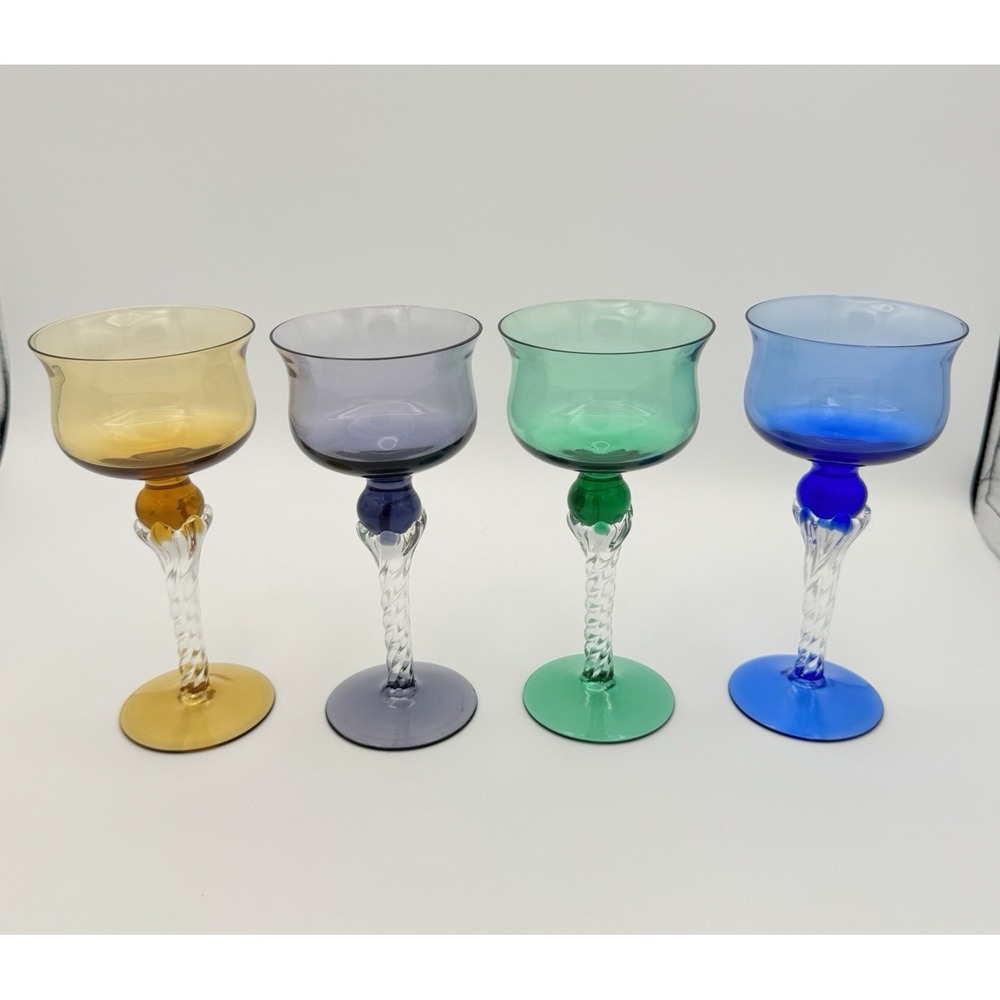 Vintage Hand Blown Colored Wine Goblets Set of 4 Twisted Clear Stem Art Glass